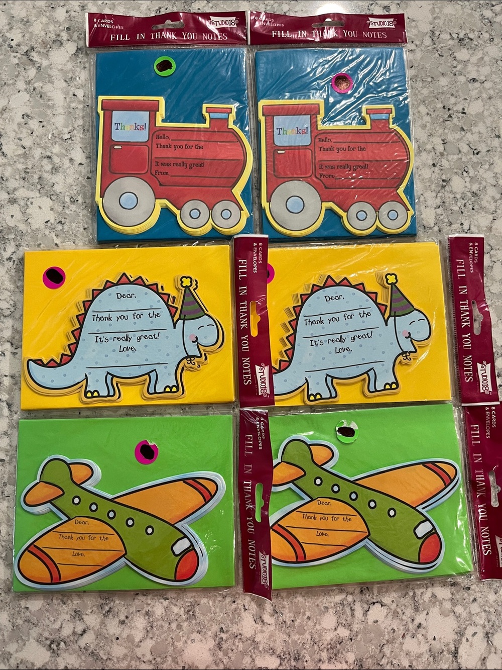 48 Assorted Kids Thank You Notes - Train, Dino & Airplane (Blue, Yellow, Green)